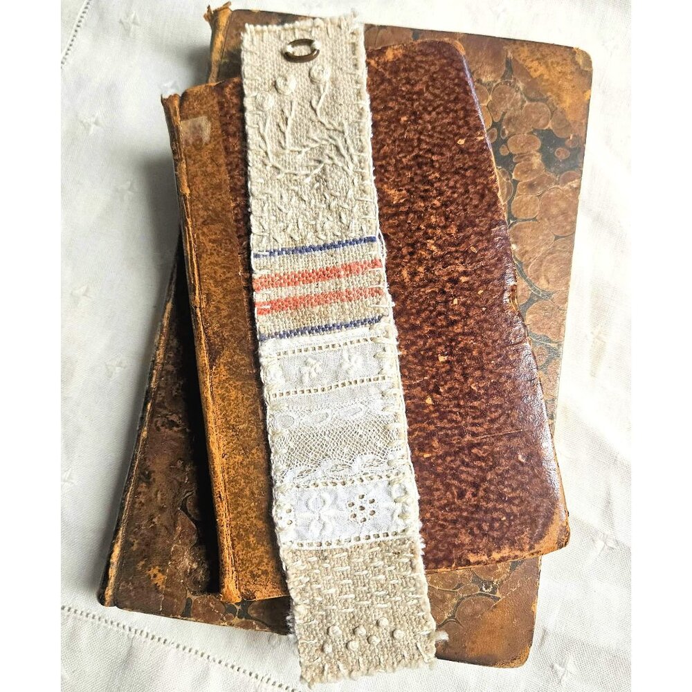SOLD Slow Stitch Junk Journal Bookmark Grain Sack Vintage Copper Charm